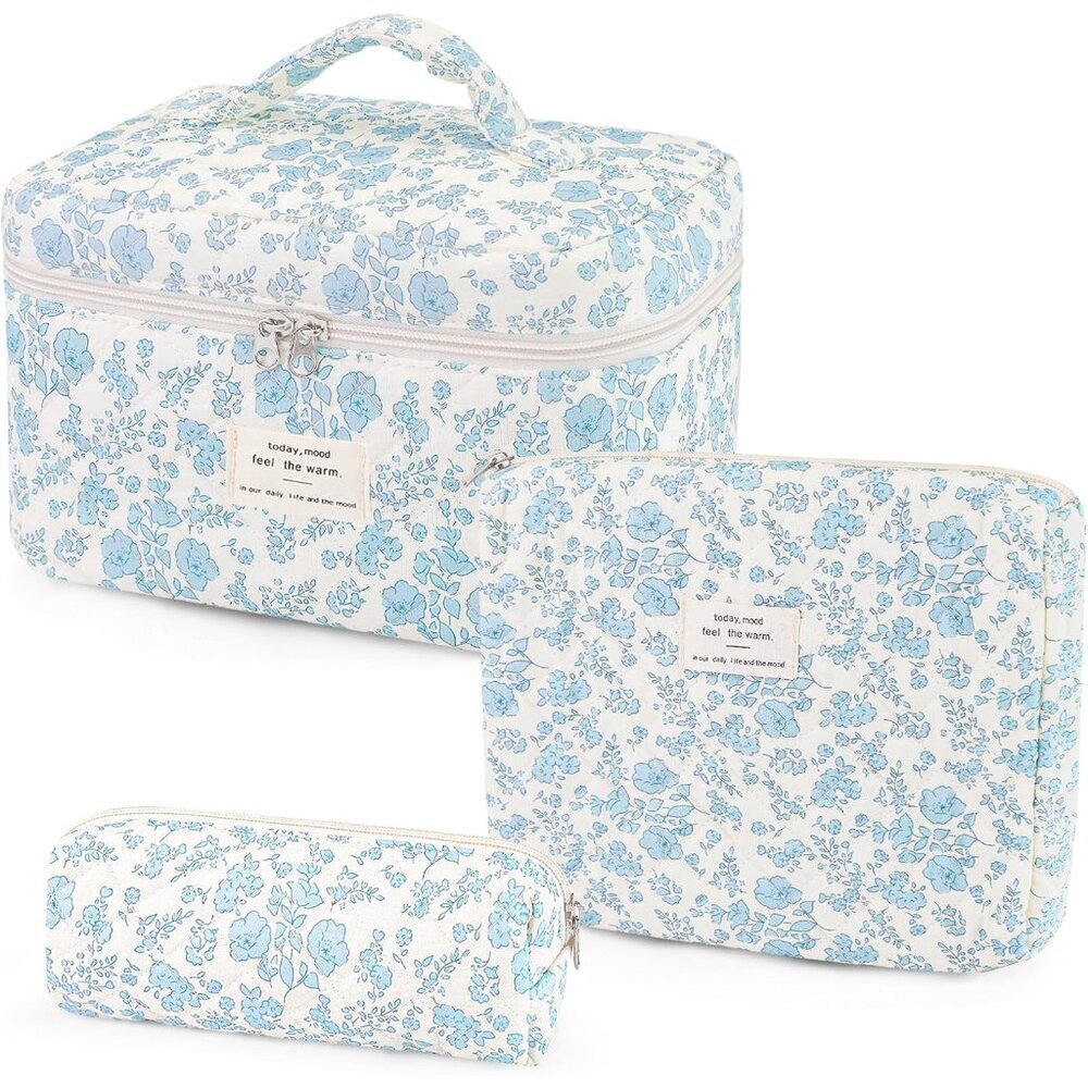 Durable Floral Quilted Makeup Bags Set - Travel Toiletry Organizers for Women